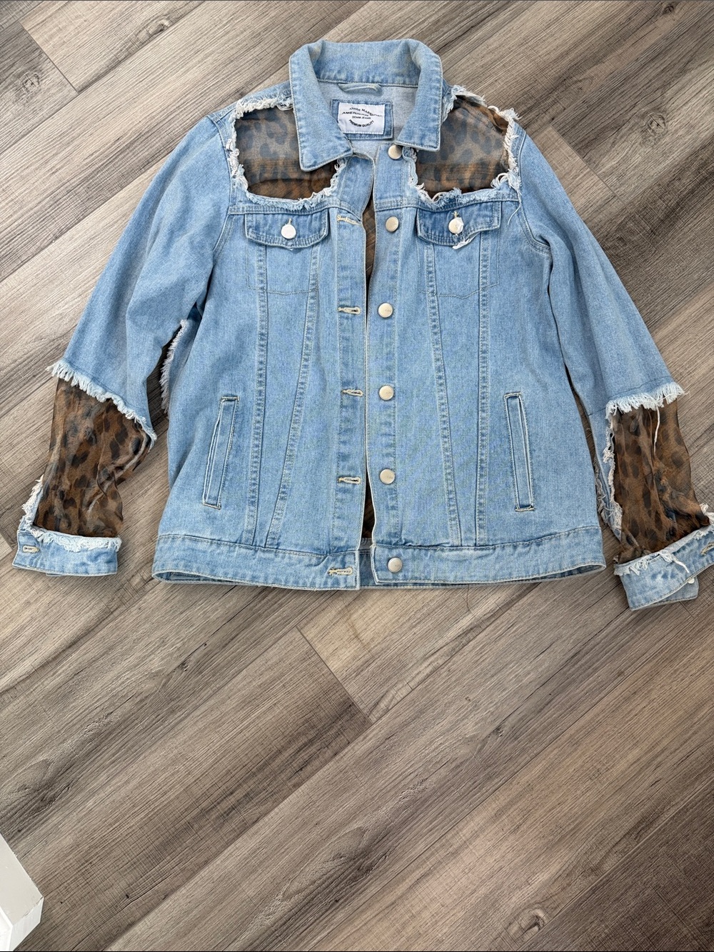 American Bazi Light Blue Denim Jacket with Leopard Mesh Insets